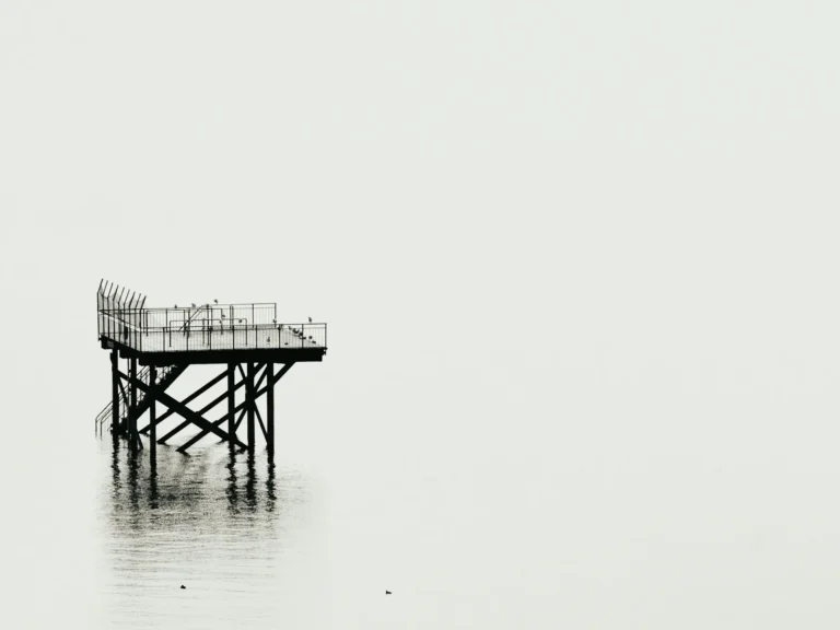 A black and white photo of a pier in the water.